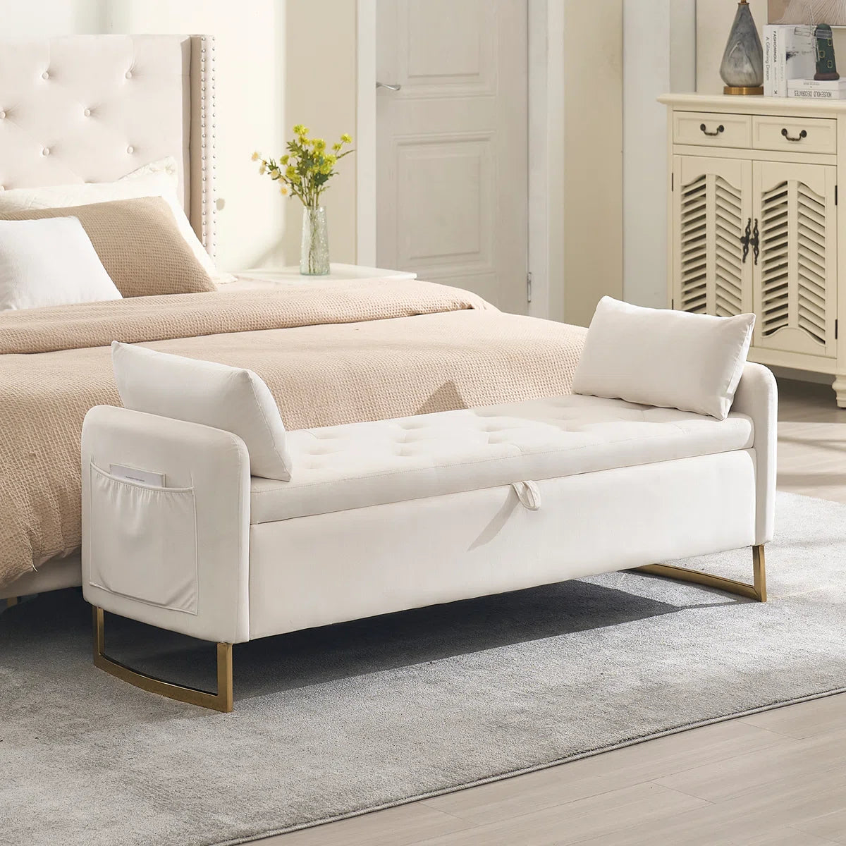Ivok Upholstered Storage Bench With Two Pillows - Wooden Bazar