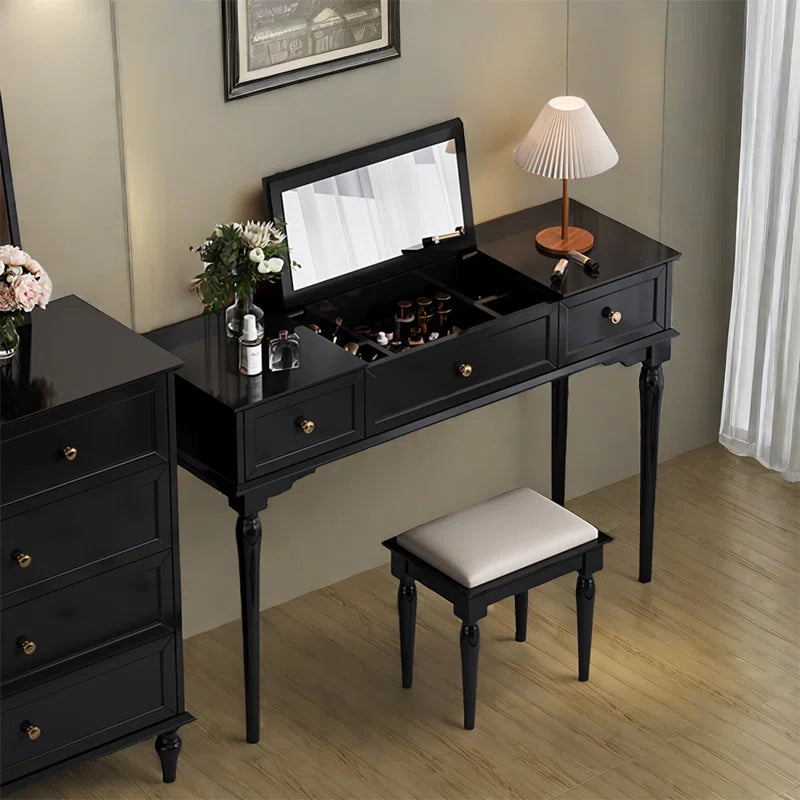 Lewish Modern Makeup Vanity With 3 Drawers And Stool - Wooden Bazar