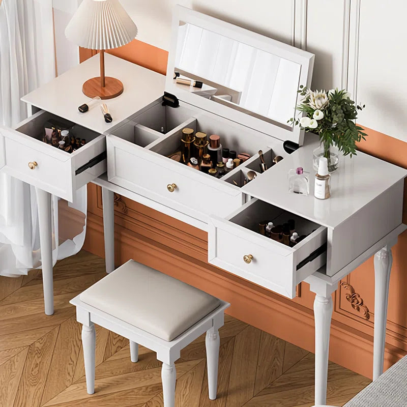 Lewish Modern Makeup Vanity With 3 Drawers And Stool - Wooden Bazar
