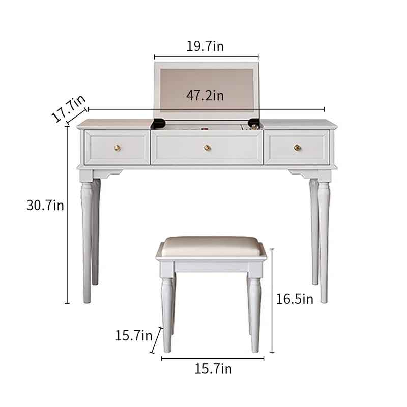 Lewish Modern Makeup Vanity With 3 Drawers And Stool - Wooden Bazar