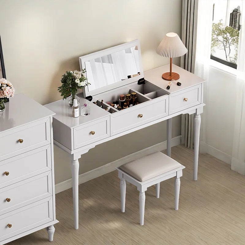 Lewish Modern Makeup Vanity With 3 Drawers And Stool - Wooden Bazar