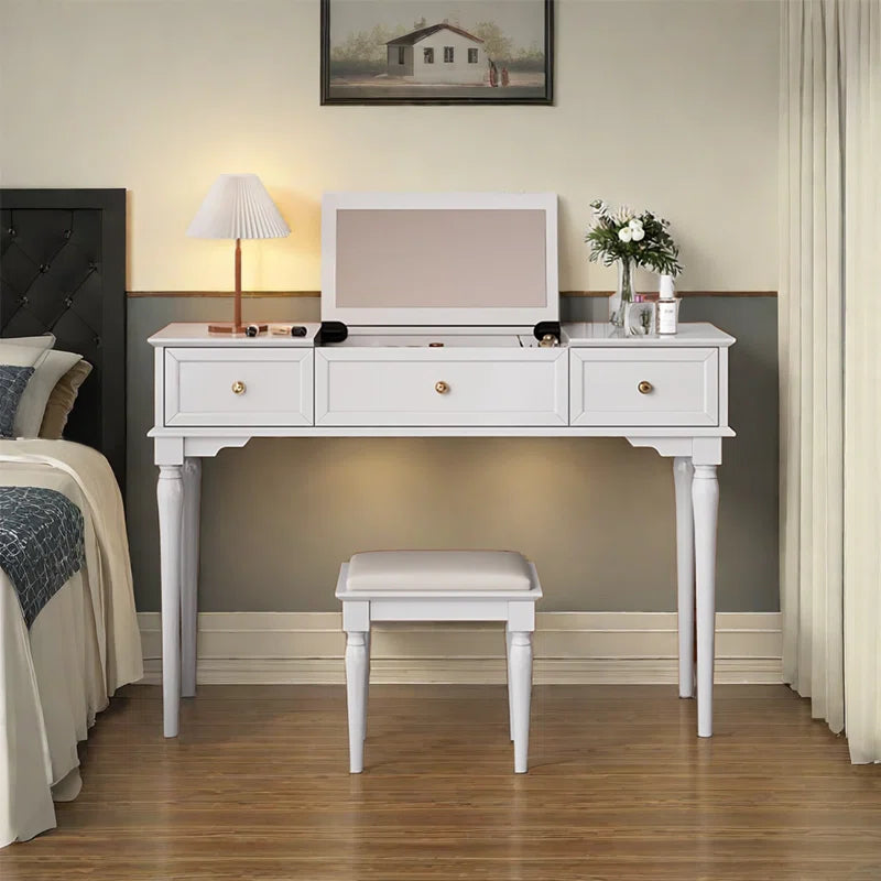 Lewish Modern Makeup Vanity With 3 Drawers And Stool - Wooden Bazar