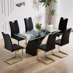 Modern 7-Piece Glass Dining Table Set with 6 Gray Upholstered Chairs for Kitchen and Dining Room