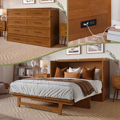 Wood Murphy Bed Chest with Storage Drawer, Built-in Charging station and Mattress