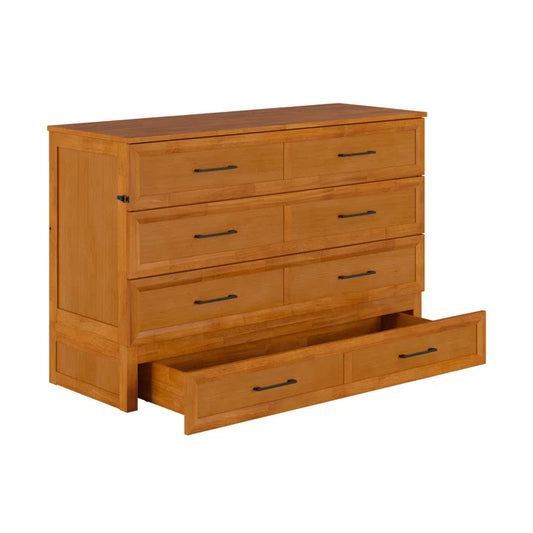 Wood Murphy Bed Chest with Storage Drawer, Built-in Charging station and Mattress
