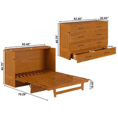 Wood Murphy Bed Chest with Storage Drawer, Built-in Charging station and Mattress