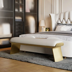 Slijter Beige Modern Stainless Steel Bench Leath-Aire Upholstered Bedroom Long Bench
