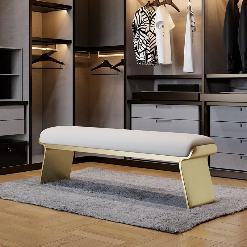 Slijter Beige Modern Stainless Steel Bench Leath-Aire Upholstered Bedroom Long Bench