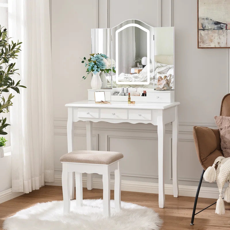 Nexlop White Stylish Vanity Dressing Table With 3 Drawers And Mirror And Stool