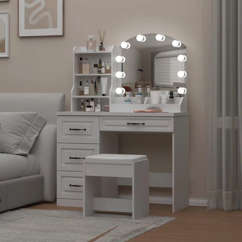 Lerper Stylish White Dressing Table With Stool - Wooden Bazar