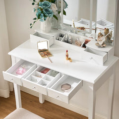 Nexlop White Stylish Vanity Dressing Table With 3 Drawers And Mirror And Stool