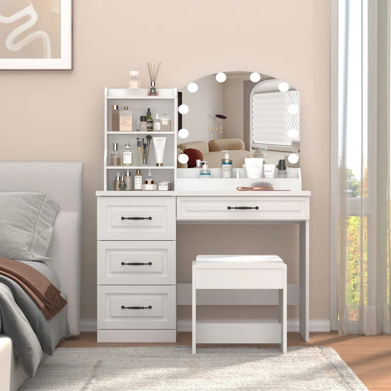 Lerper Stylish White Dressing Table With Stool - Wooden Bazar