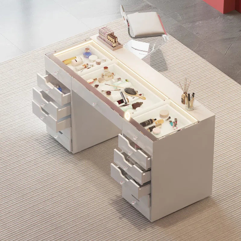 Uzerti Modern Vanity Table with Ample Storage & LED Mirror - Wooden Bazar