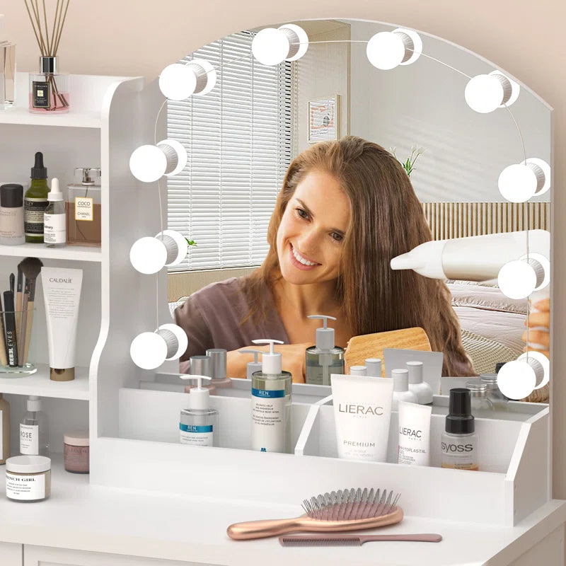 Lerper Stylish White Dressing Table With Stool - Wooden Bazar