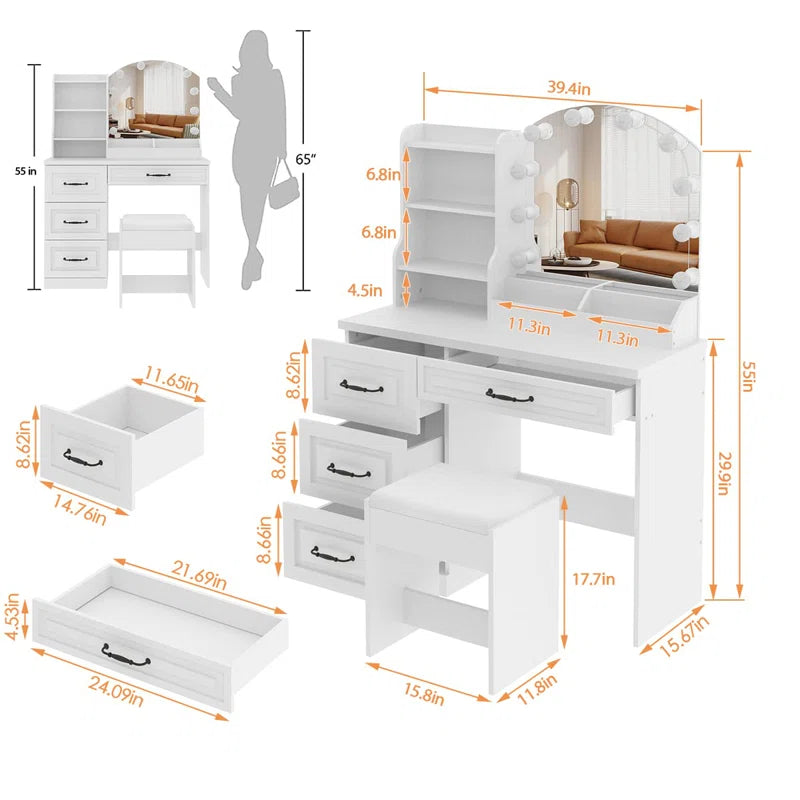 Lerper Stylish White Dressing Table With Stool - Wooden Bazar