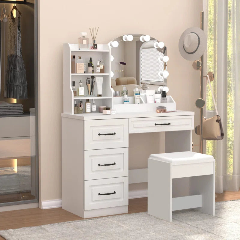 Lerper Stylish White Dressing Table With Stool - Wooden Bazar