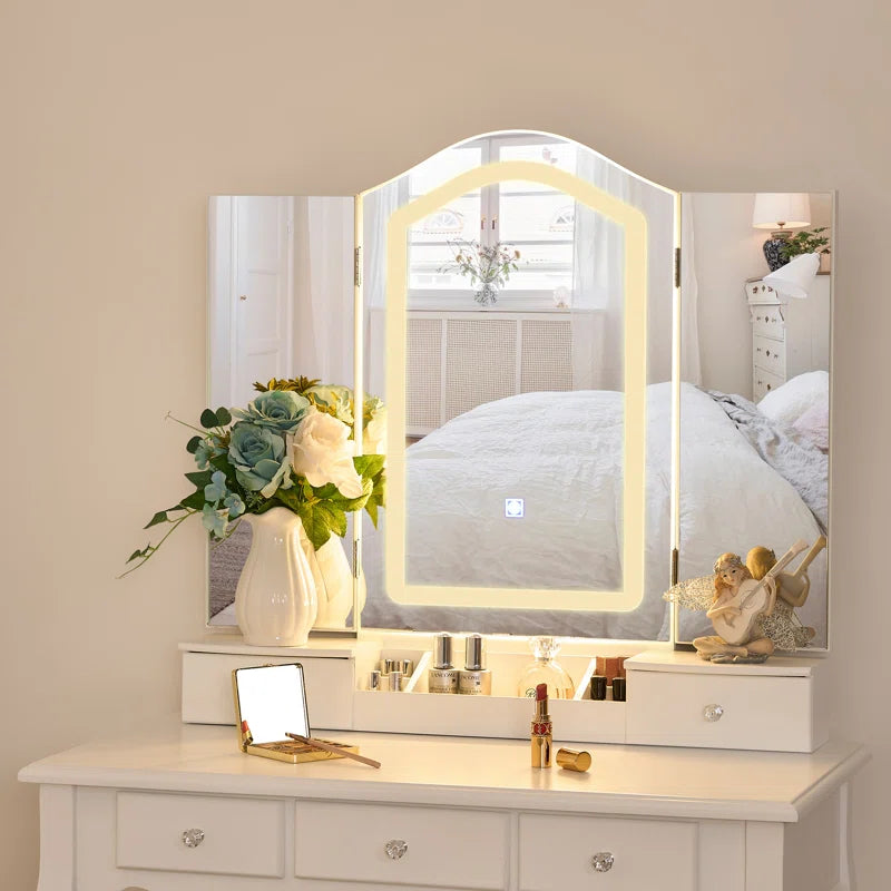 Nexlop White Stylish Vanity Dressing Table With 3 Drawers And Mirror And Stool