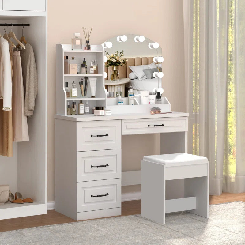 Lerper Stylish White Dressing Table With Stool - Wooden Bazar