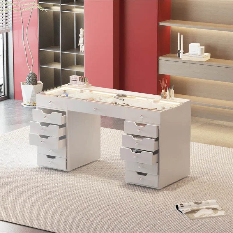 Uzerti Modern Vanity Table with Ample Storage & LED Mirror - Wooden Bazar