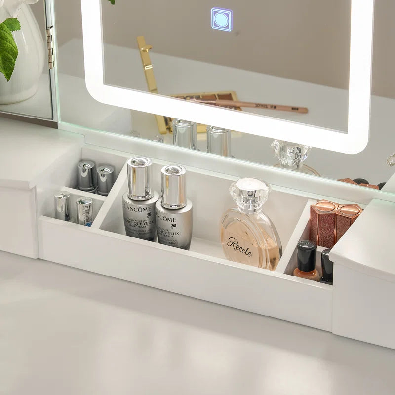 Nexlop White Stylish Vanity Dressing Table With 3 Drawers And Mirror And Stool