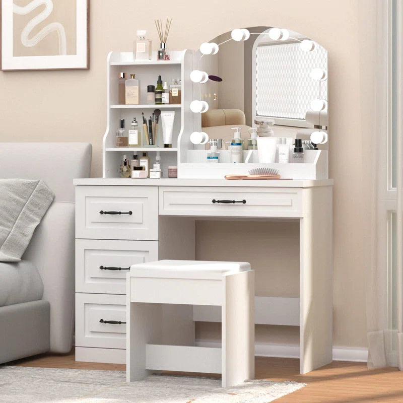 Lerper Stylish White Dressing Table With Stool - Wooden Bazar