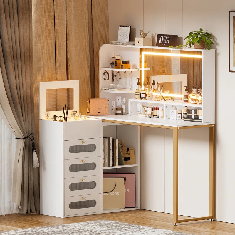 Juins Vanity Desk With Mirror And Lights, Corner Makeup Vanity L Shaped Dressing Table