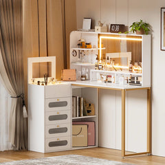 Juins Vanity Desk With Mirror And Lights, Corner Makeup Vanity L Shaped Dressing Table