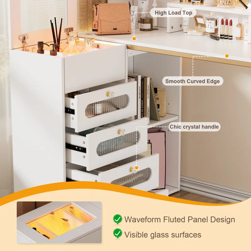 Juins Vanity Desk With Mirror And Lights, Corner Makeup Vanity L Shaped Dressing Table