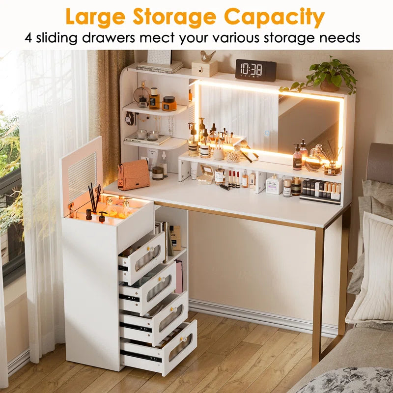 Juins Vanity Desk With Mirror And Lights, Corner Makeup Vanity L Shaped Dressing Table