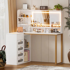 Juins Vanity Desk With Mirror And Lights, Corner Makeup Vanity L Shaped Dressing Table