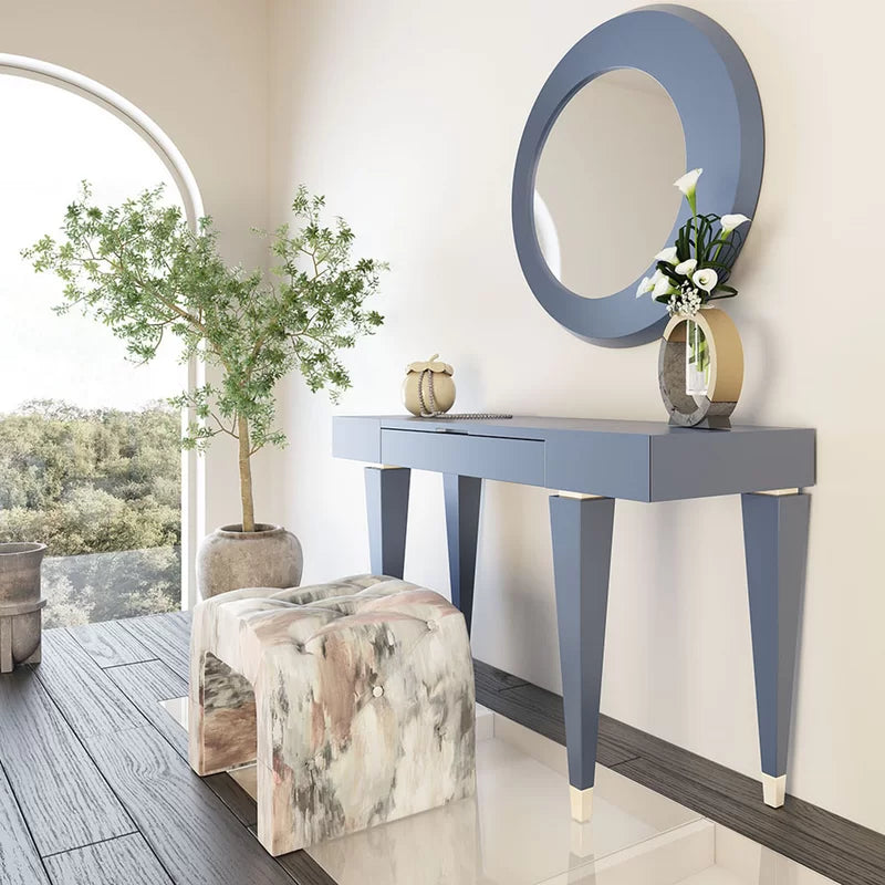 Backrate Elegant Matte Blue Vanity with Round Mirror & Upholstered Stool