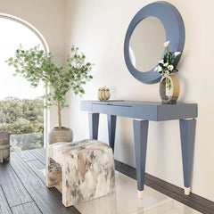 Backrate Elegant Matte Blue Vanity with Round Mirror & Upholstered Stool