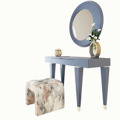 Backrate Elegant Matte Blue Vanity with Round Mirror & Upholstered Stool