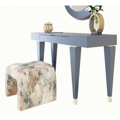 Backrate Elegant Matte Blue Vanity with Round Mirror & Upholstered Stool