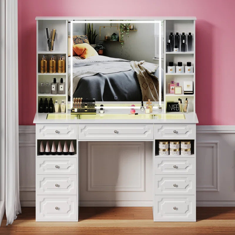 Maxterv White European-Style Vanity Set with XL Lighted Mirror, 9 Drawers, Storage Bench & Adjustable Brightness"