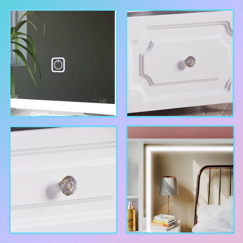 Maxterv White European-Style Vanity Set with XL Lighted Mirror, 9 Drawers, Storage Bench & Adjustable Brightness"