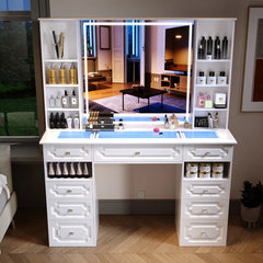 Maxterv White European-Style Vanity Set with XL Lighted Mirror, 9 Drawers, Storage Bench & Adjustable Brightness"