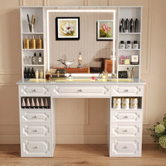 Maxterv White European-Style Vanity Set with XL Lighted Mirror, 9 Drawers, Storage Bench & Adjustable Brightness"