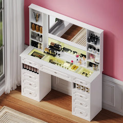 Maxterv White European-Style Vanity Set with XL Lighted Mirror, 9 Drawers, Storage Bench & Adjustable Brightness"