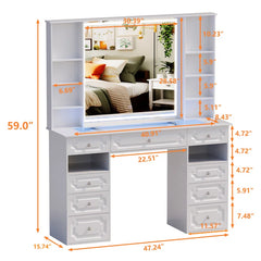 Maxterv White European-Style Vanity Set with XL Lighted Mirror, 9 Drawers, Storage Bench & Adjustable Brightness"
