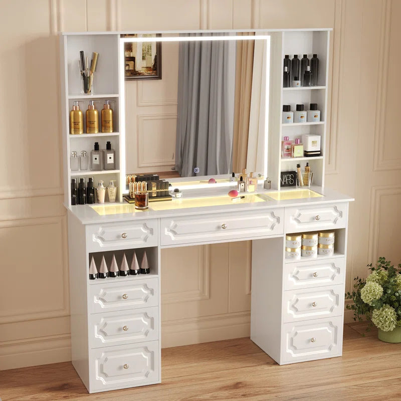 Maxterv White European-Style Vanity Set with XL Lighted Mirror, 9 Drawers, Storage Bench & Adjustable Brightness"
