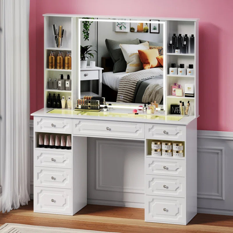 Maxterv White European-Style Vanity Set with XL Lighted Mirror, 9 Drawers, Storage Bench & Adjustable Brightness"