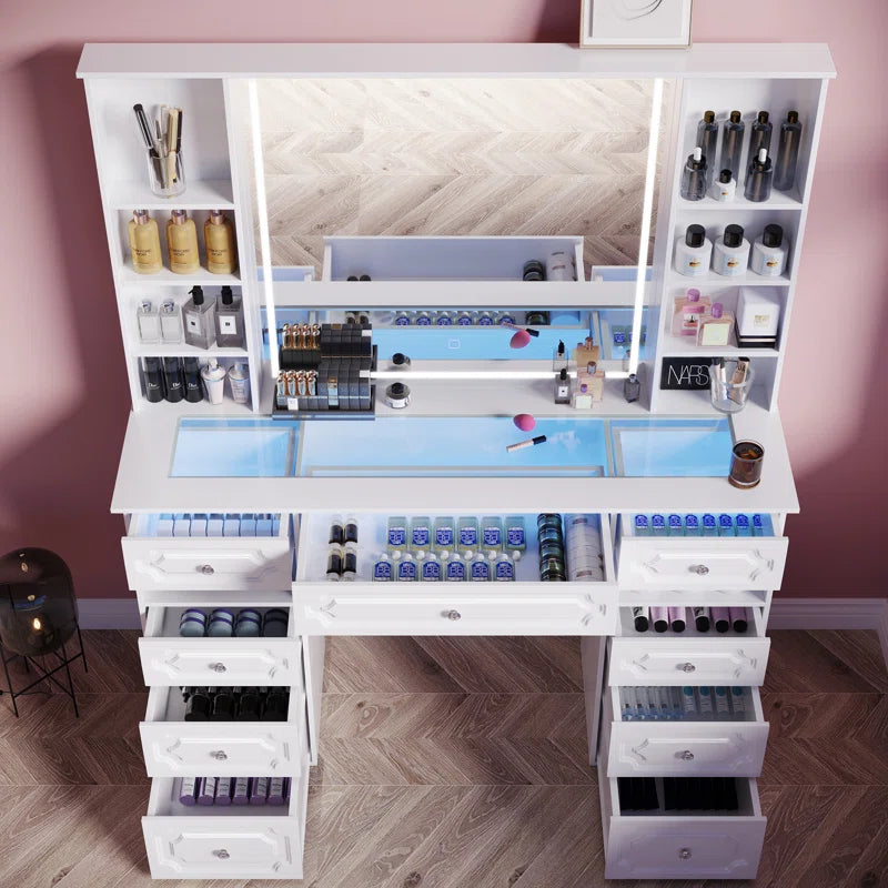 Maxterv White European-Style Vanity Set with XL Lighted Mirror, 9 Drawers, Storage Bench & Adjustable Brightness"
