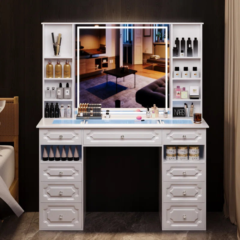 Maxterv White European-Style Vanity Set with XL Lighted Mirror, 9 Drawers, Storage Bench & Adjustable Brightness"