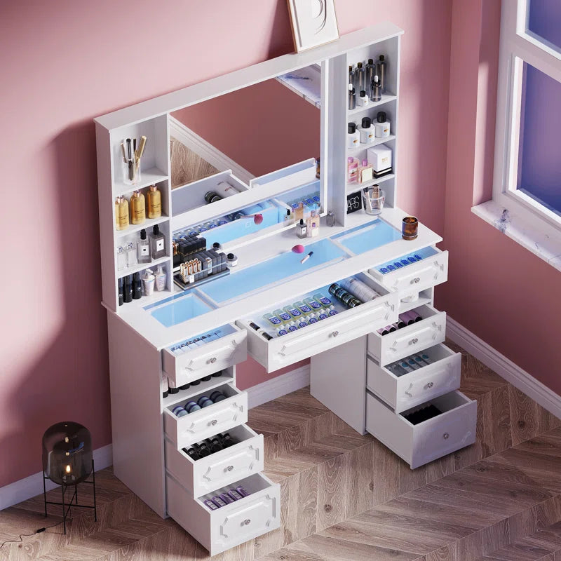 Maxterv White European-Style Vanity Set with XL Lighted Mirror, 9 Drawers, Storage Bench & Adjustable Brightness"