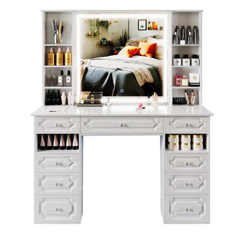 Sahaluka Vanity With Hd Lighted Mirror Makeup Vanity Desk With Facial Mask Box
