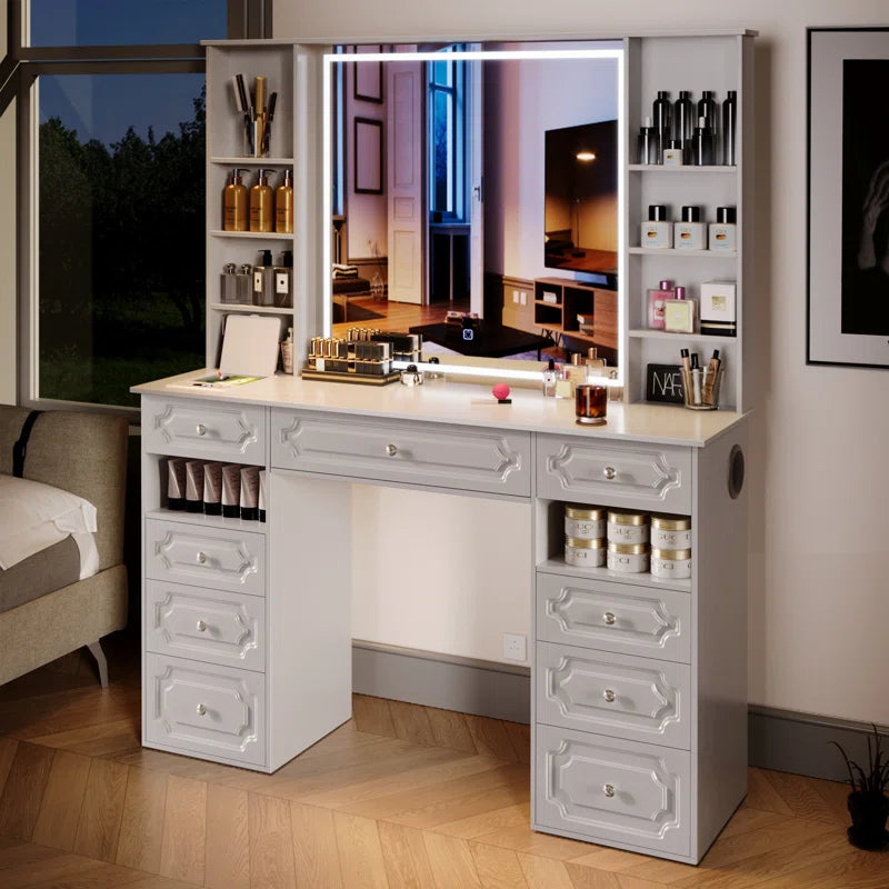 Sahaluka Vanity With Hd Lighted Mirror Makeup Vanity Desk With Facial Mask Box