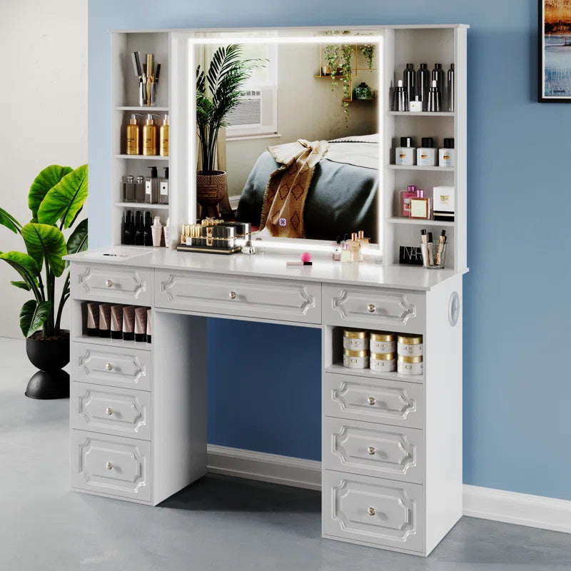 Sahaluka Vanity With Hd Lighted Mirror Makeup Vanity Desk With Facial Mask Box