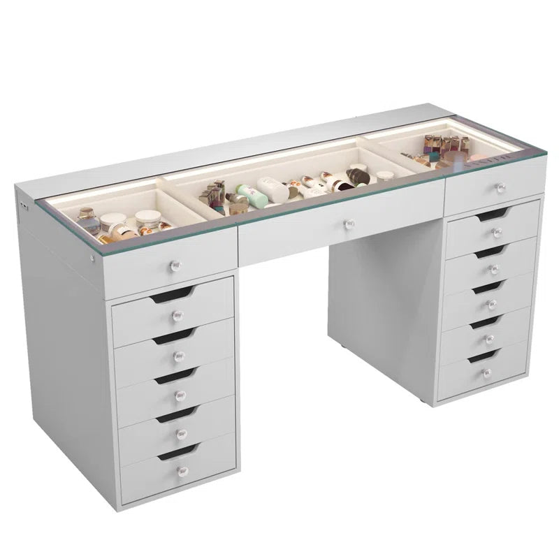 Uzerti Modern Vanity Table with Ample Storage & LED Mirror - Wooden Bazar