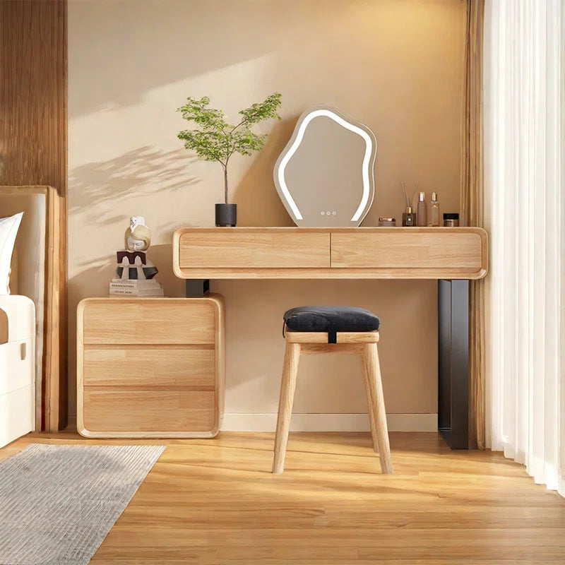 Repron Solid Wood Frame Makeup Vanity Desk with Smart LED Lights Mirror and Chair